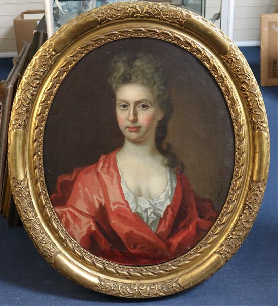 Early 18th century English School Portrait of a lady and gentleman ovals, 29.5 x 25in.